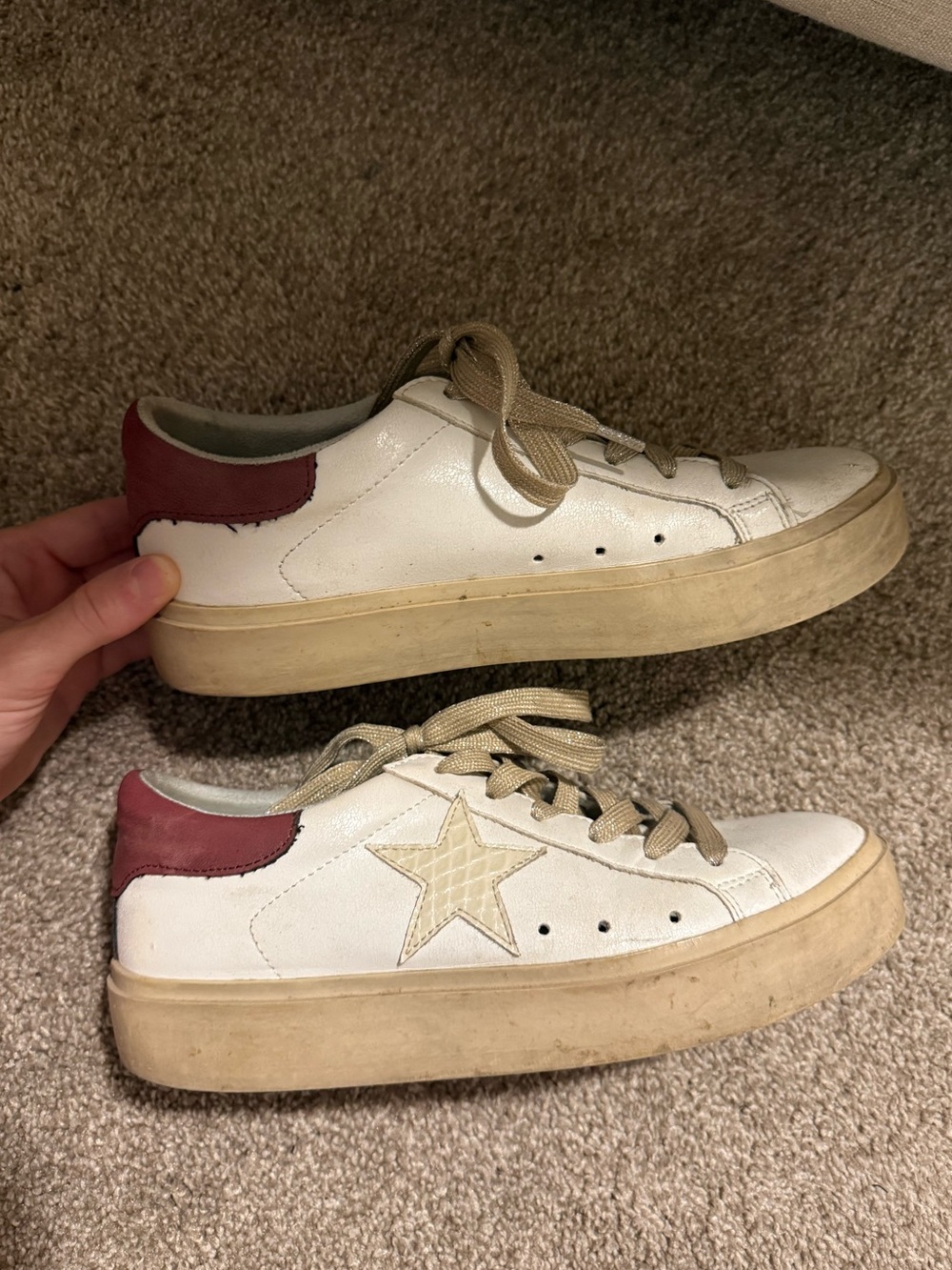 White Leather Platform Sneakers with Maroon Heel Accent